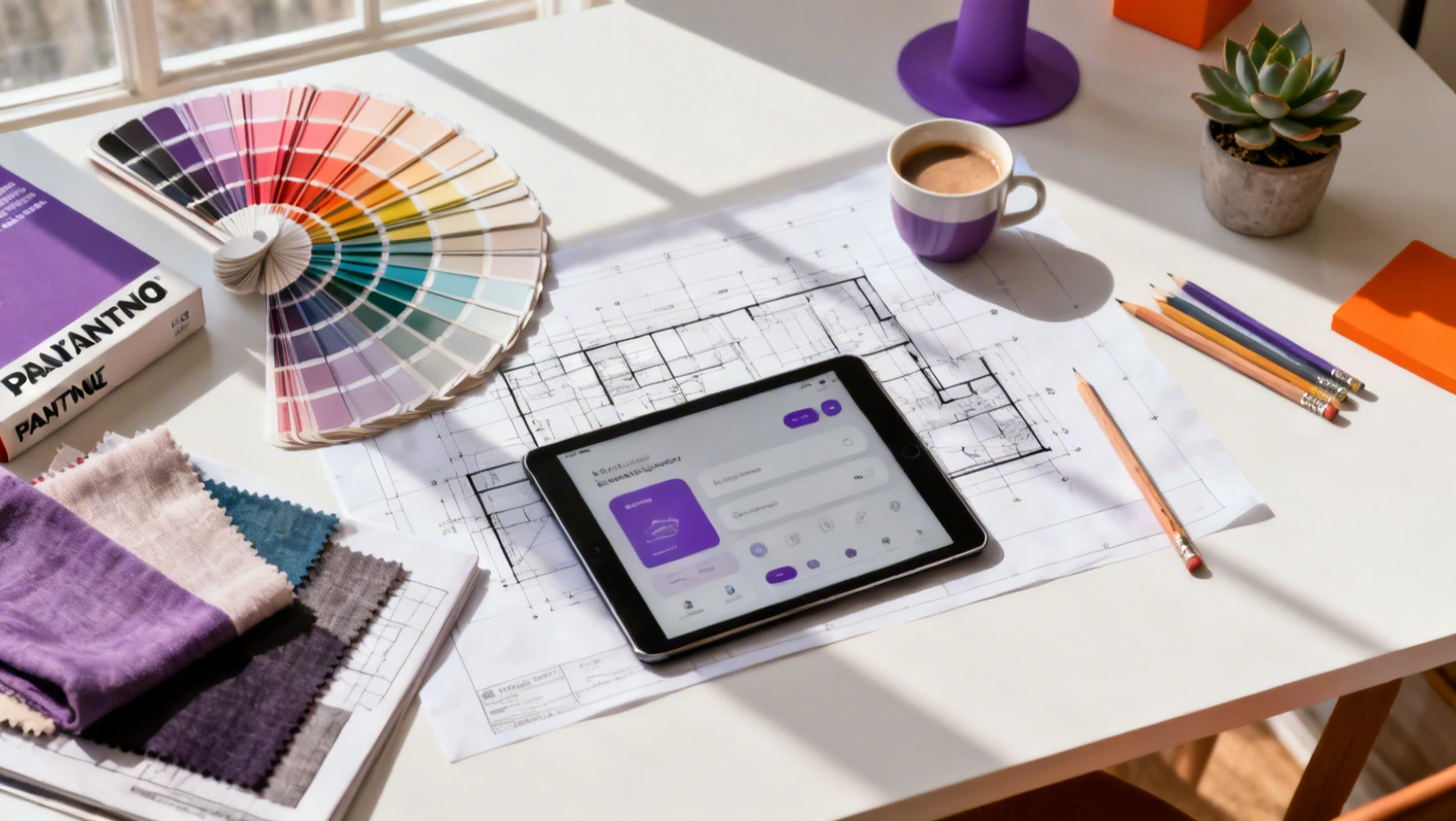 Espace de travail design avec nuancier Pantone, plans et tablette