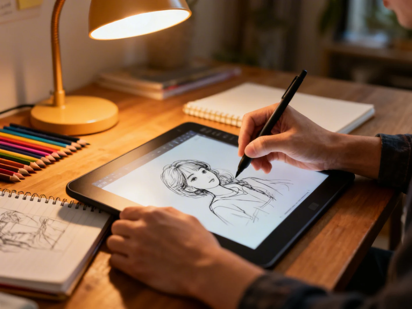 Mains dessinant sur une tablette graphique dans un espace de travail